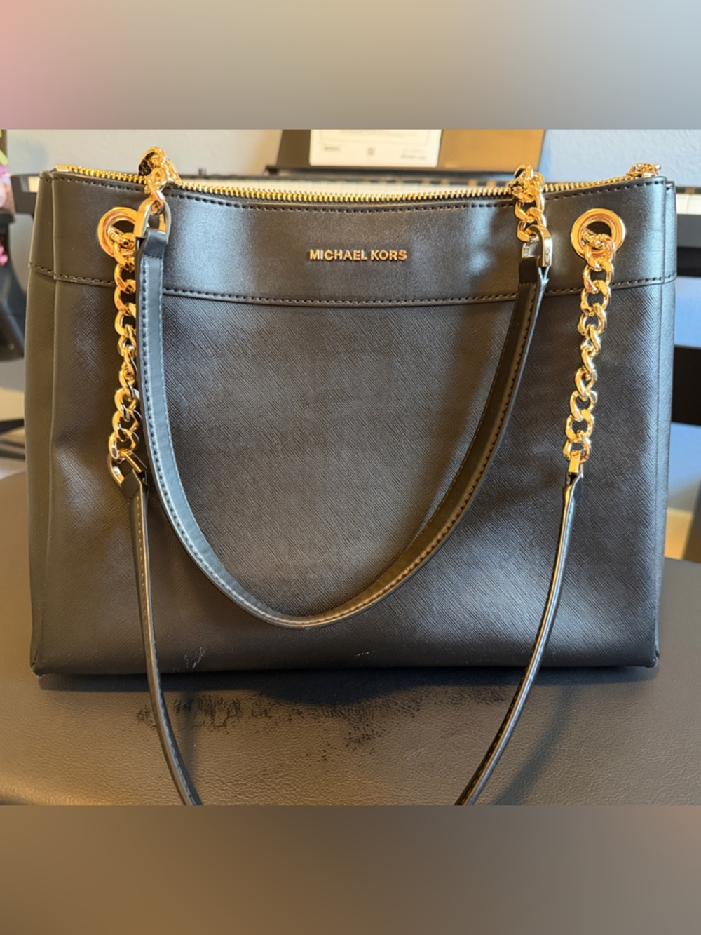 Michael Kors Black Leather Shoulder Bag with Gold Chain Detail